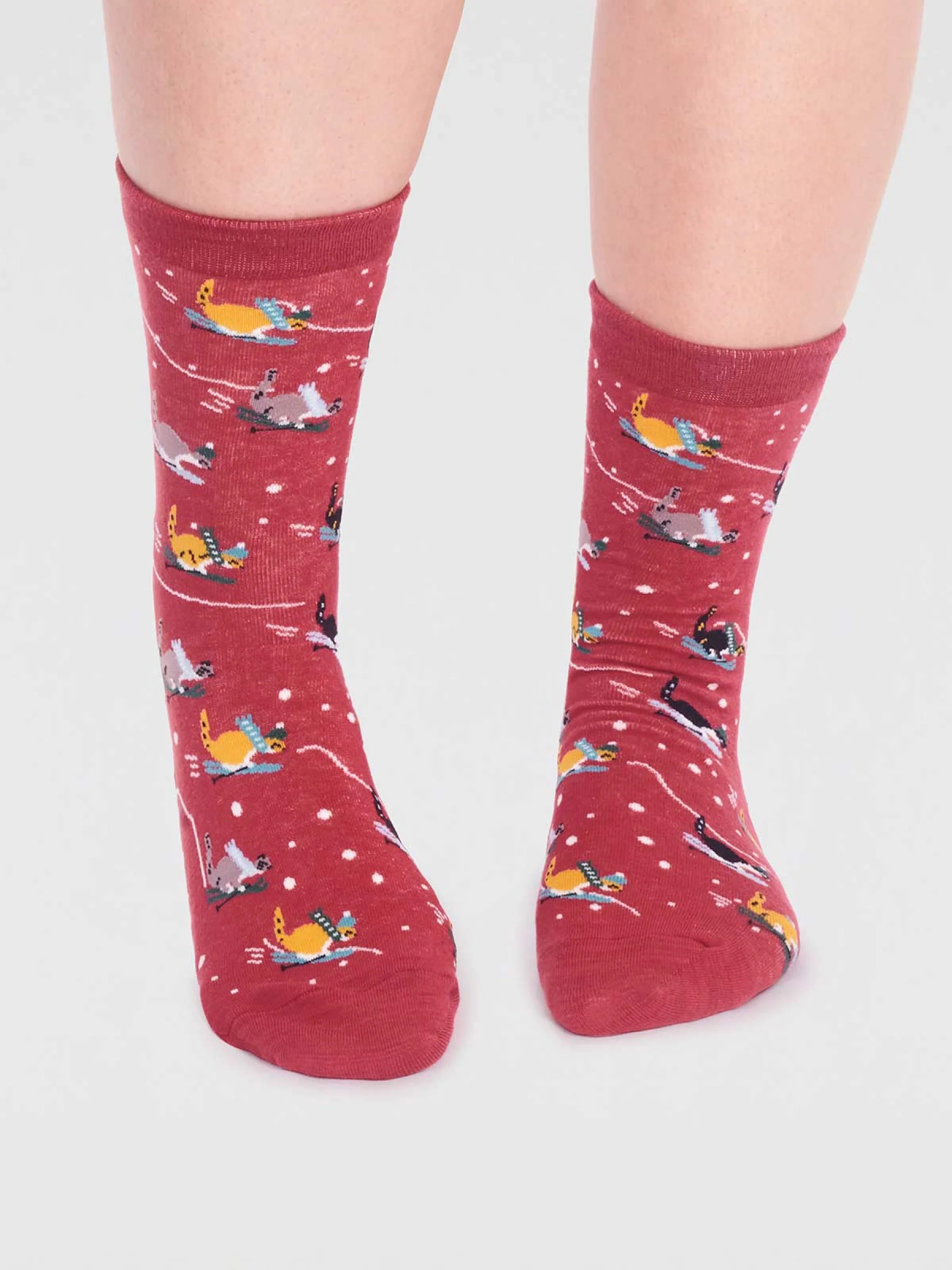 Amaryllis Organic Cotton Skiing Cat Sock - Brick Red - Flockneti